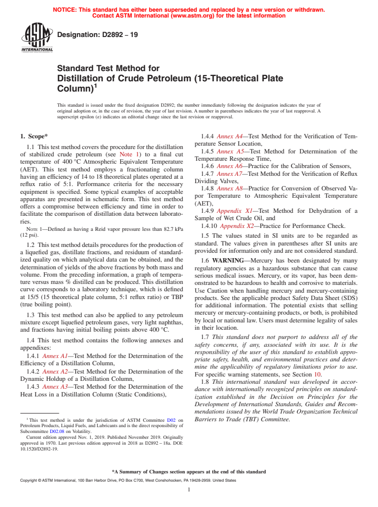 ASTM D2892-19 - Standard Test Method for  Distillation of Crude Petroleum (15-Theoretical Plate Column)