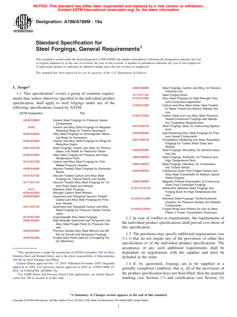 ASTM A788/A788M-19a - Standard Specification for Steel Forgings, General Requirements