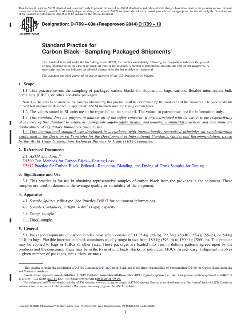 REDLINE ASTM D1799-19 - Standard Practice for Carbon Black&#x2014;Sampling Packaged Shipments