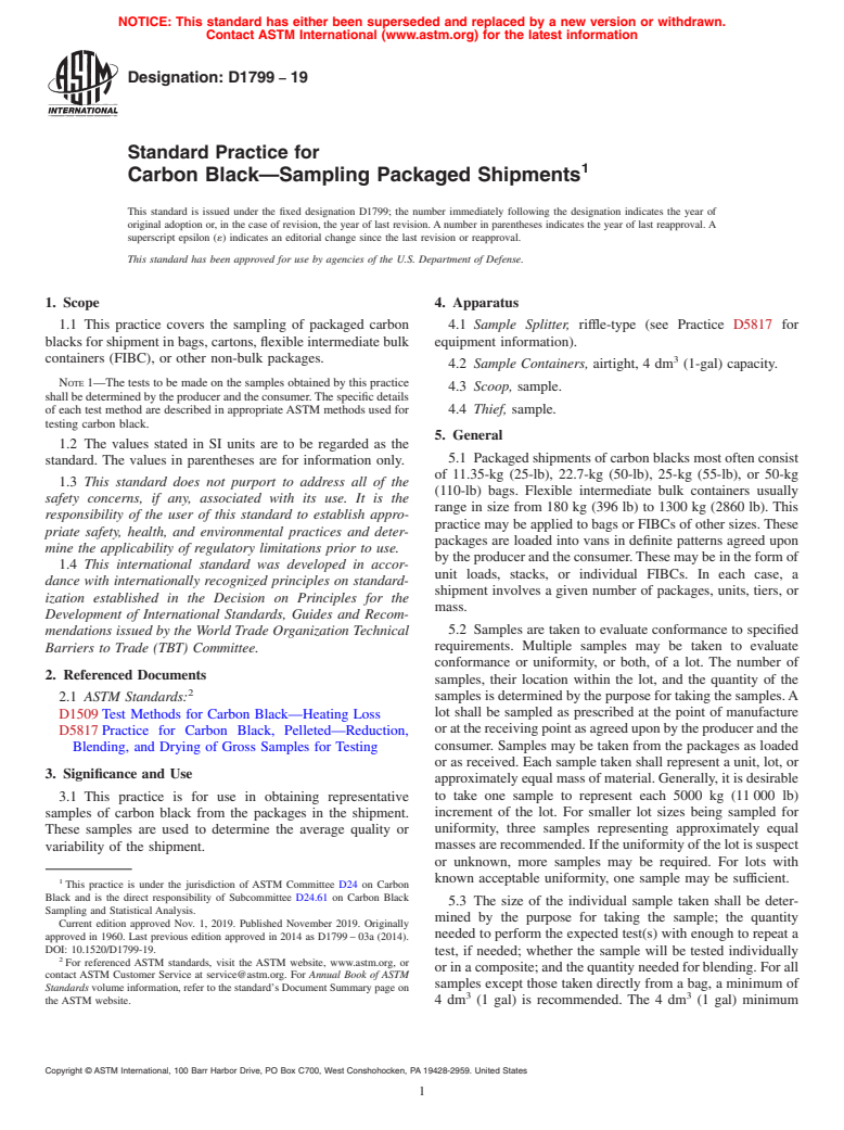 ASTM D1799-19 - Standard Practice for Carbon Black&#x2014;Sampling Packaged Shipments