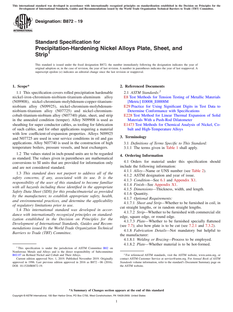 ASTM B872-19 - Standard Specification for Precipitation-Hardening Nickel Alloys Plate, Sheet, and Strip