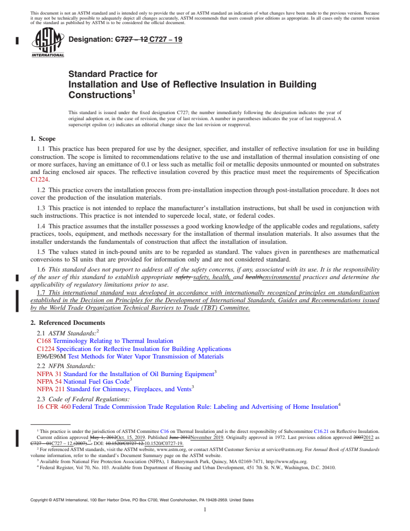 REDLINE ASTM C727-19 - Standard Practice for Installation and Use of Reflective Insulation in Building Constructions