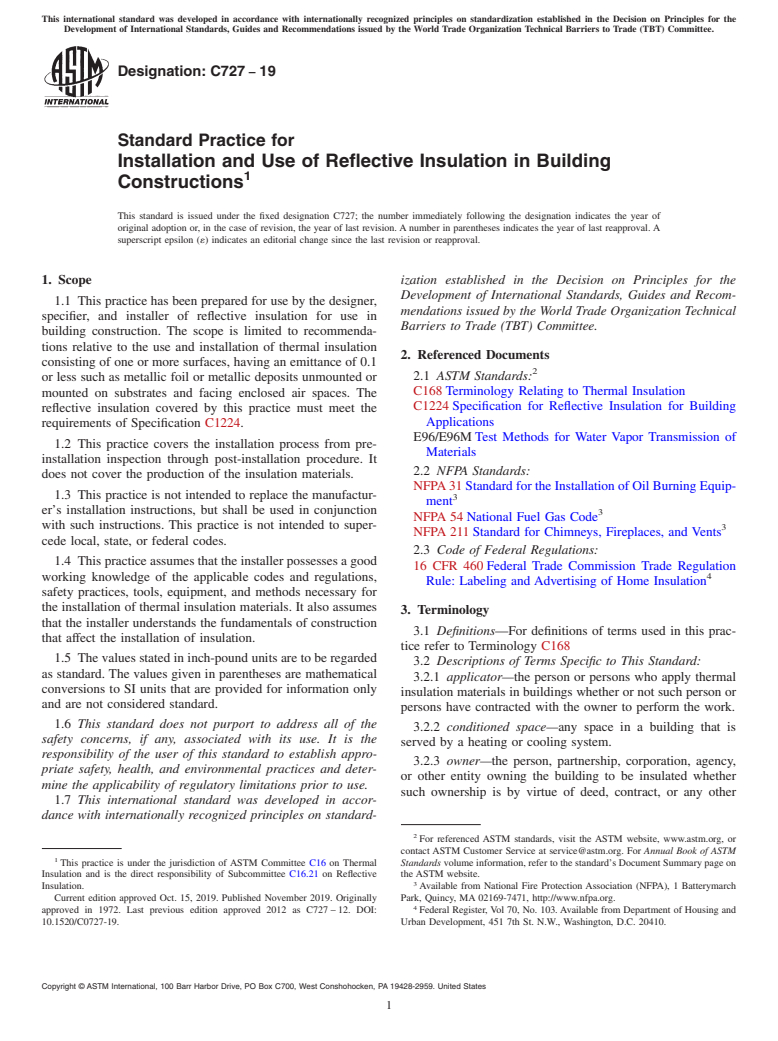 ASTM C727-19 - Standard Practice for Installation and Use of Reflective Insulation in Building Constructions