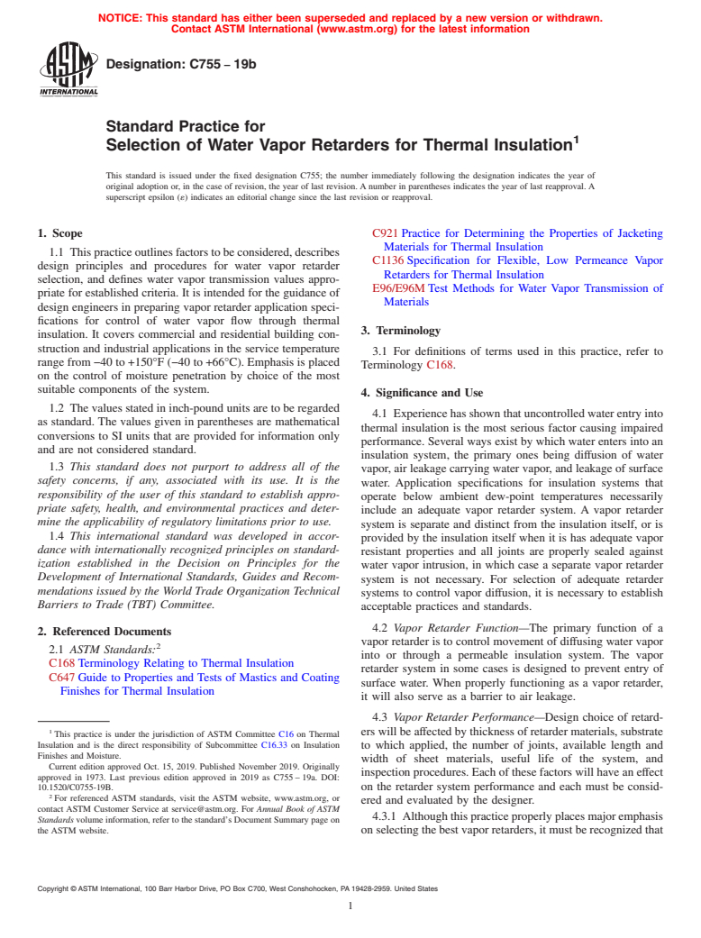 ASTM C755-19b - Standard Practice for Selection of Water Vapor Retarders for Thermal Insulation
