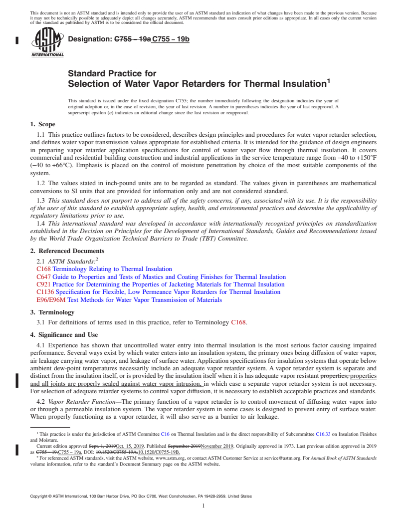 REDLINE ASTM C755-19b - Standard Practice for Selection of Water Vapor Retarders for Thermal Insulation