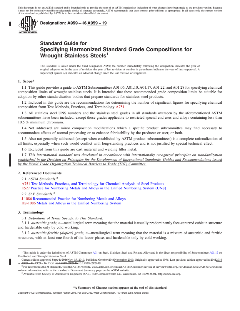 REDLINE ASTM A959-19 - Standard Guide for  Specifying Harmonized Standard Grade Compositions for Wrought  Stainless Steels