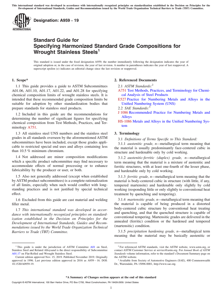 ASTM A959-19 - Standard Guide for  Specifying Harmonized Standard Grade Compositions for Wrought  Stainless Steels