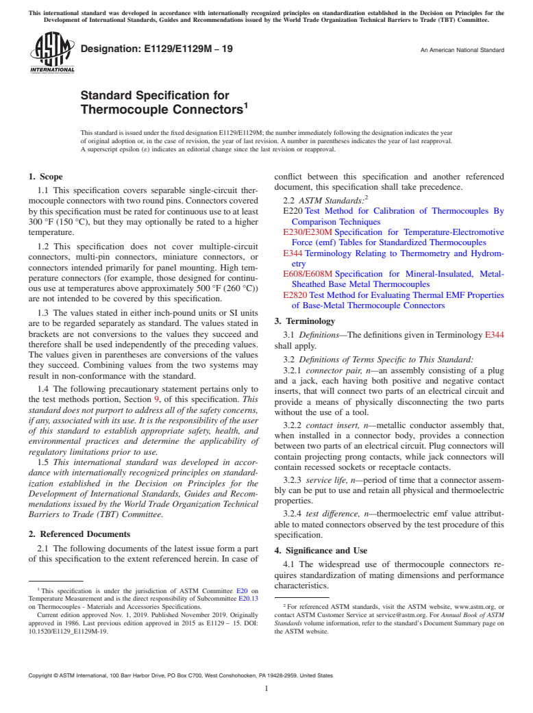 ASTM E1129/E1129M-19 - Standard Specification for  Thermocouple Connectors