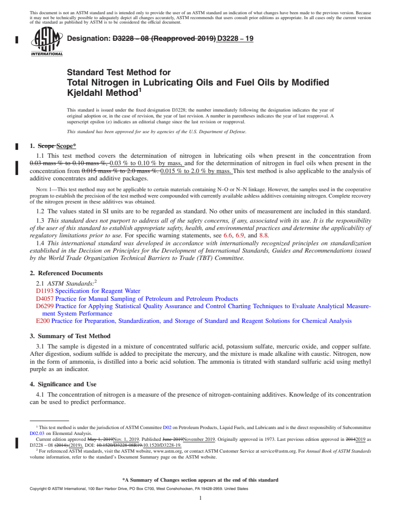 REDLINE ASTM D3228-19 - Standard Test Method for  Total Nitrogen in Lubricating Oils and Fuel Oils by Modified  Kjeldahl Method