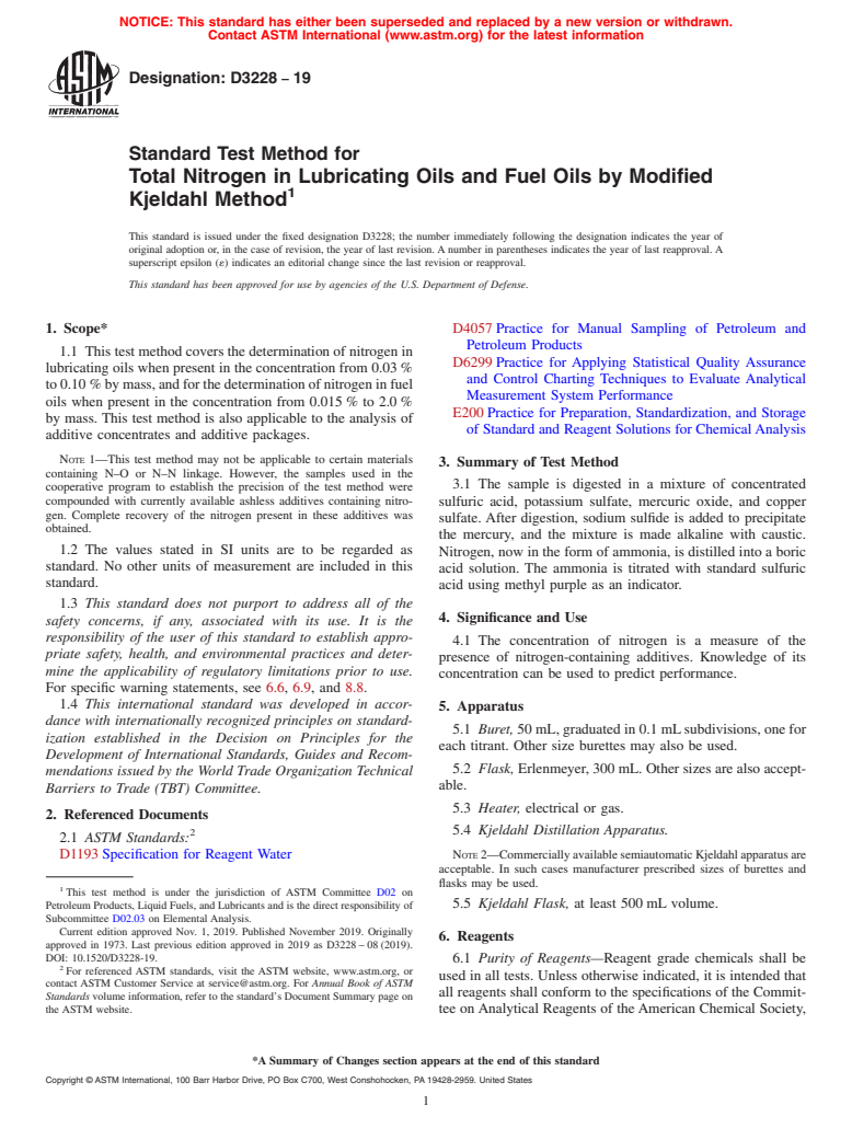 ASTM D3228-19 - Standard Test Method for  Total Nitrogen in Lubricating Oils and Fuel Oils by Modified  Kjeldahl Method