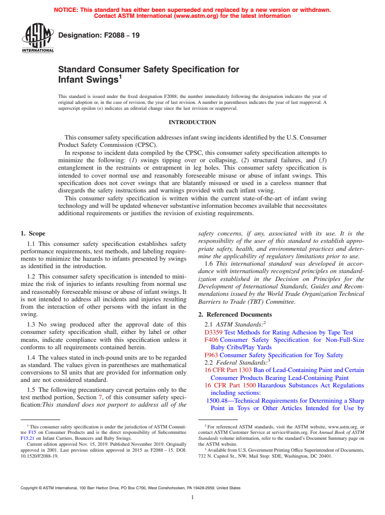 ASTM F2088-19 - Standard Consumer Safety Specification for Infant Swings