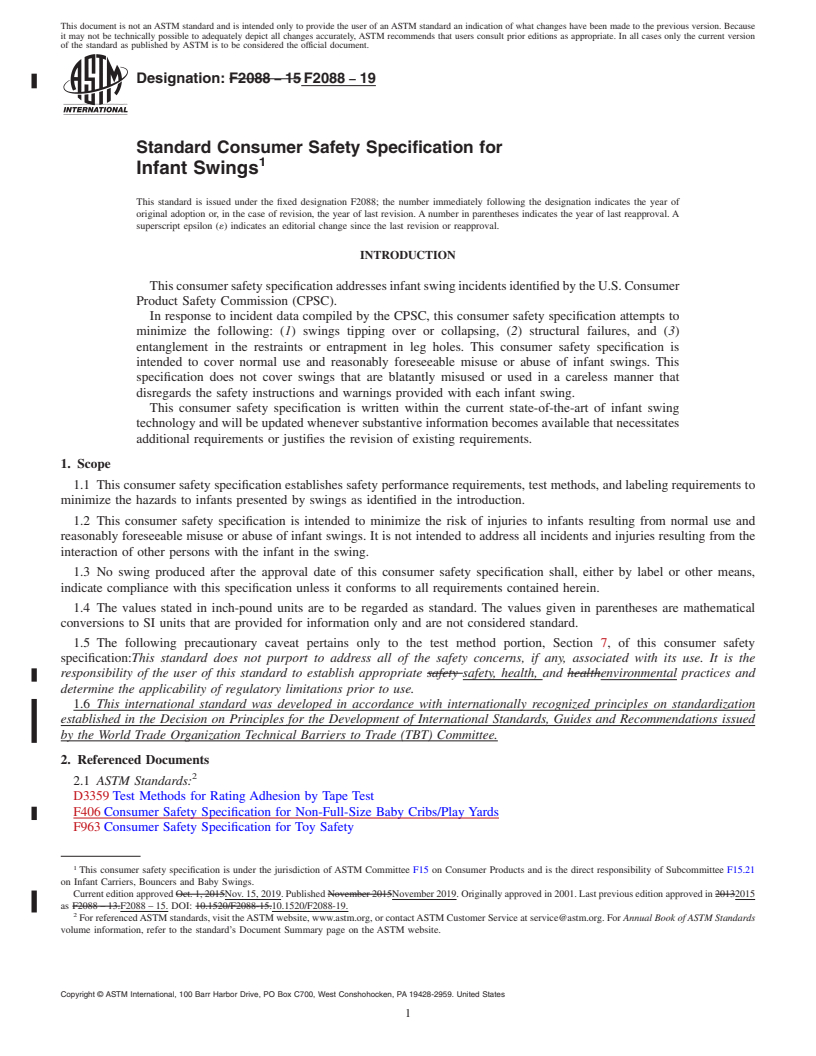 REDLINE ASTM F2088-19 - Standard Consumer Safety Specification for Infant Swings