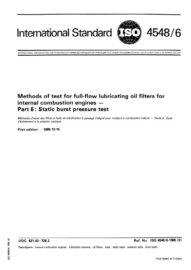 ISO 4548-6:1985 - Methods of test for full-flow lubricating oil filters for internal combustion engines
