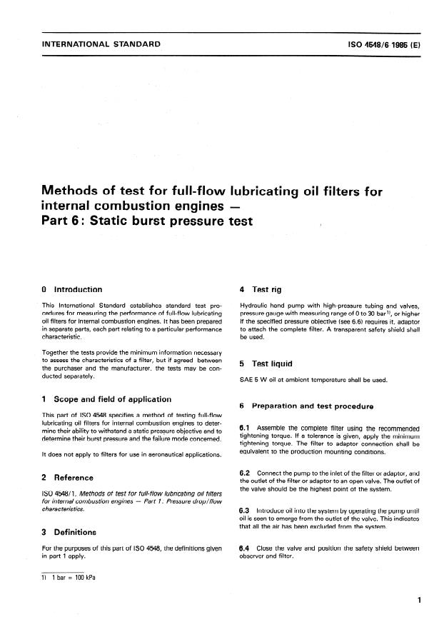 ISO 4548-6:1985 - Methods of test for full-flow lubricating oil filters for internal combustion engines