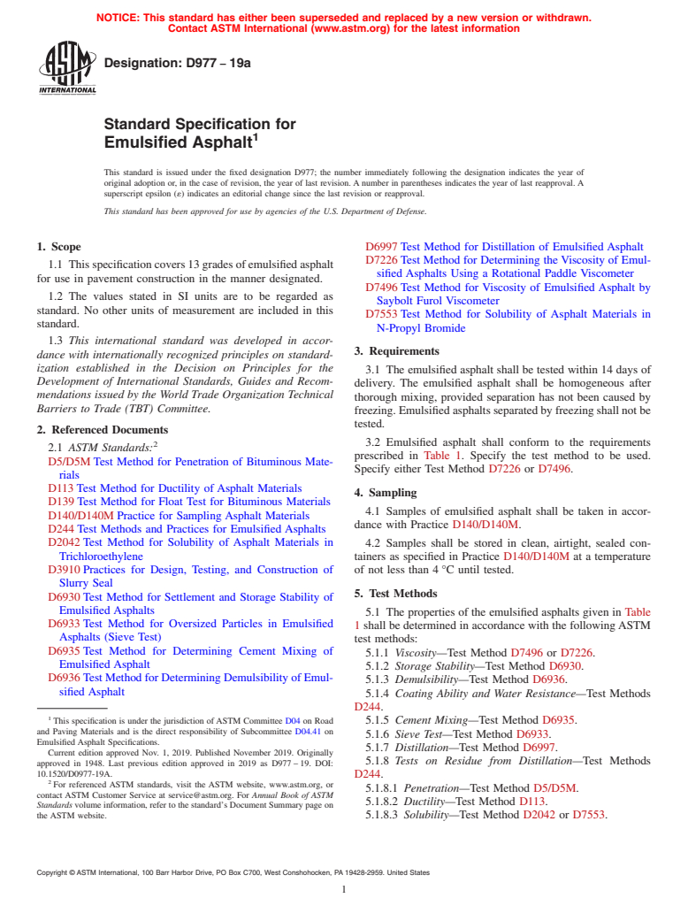 ASTM D977-19a - Standard Specification for  Emulsified Asphalt