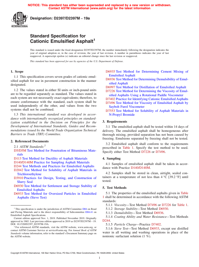 ASTM D2397/D2397M-19a - Standard Specification for  Cationic Emulsified Asphalt