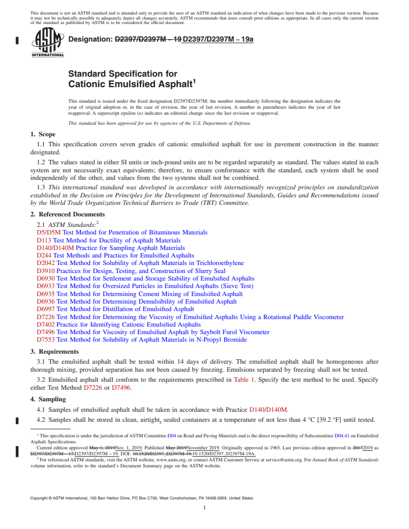 REDLINE ASTM D2397/D2397M-19a - Standard Specification for  Cationic Emulsified Asphalt