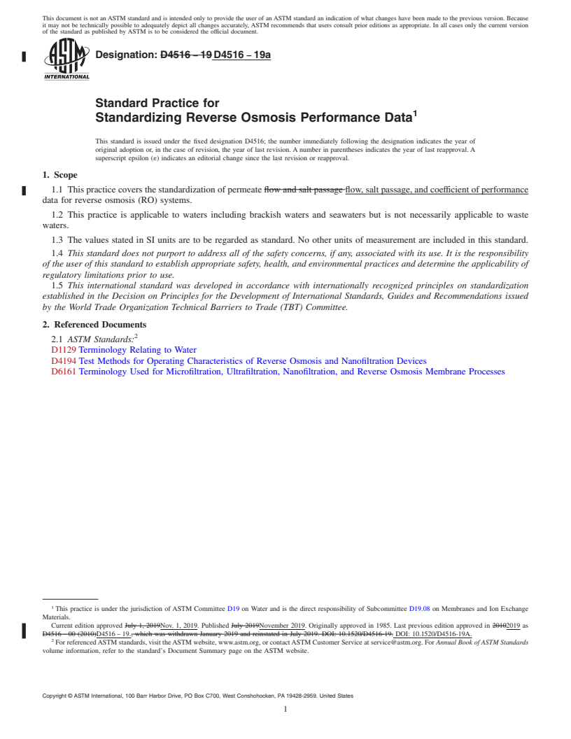 REDLINE ASTM D4516-19a - Standard Practice for  Standardizing Reverse Osmosis Performance Data