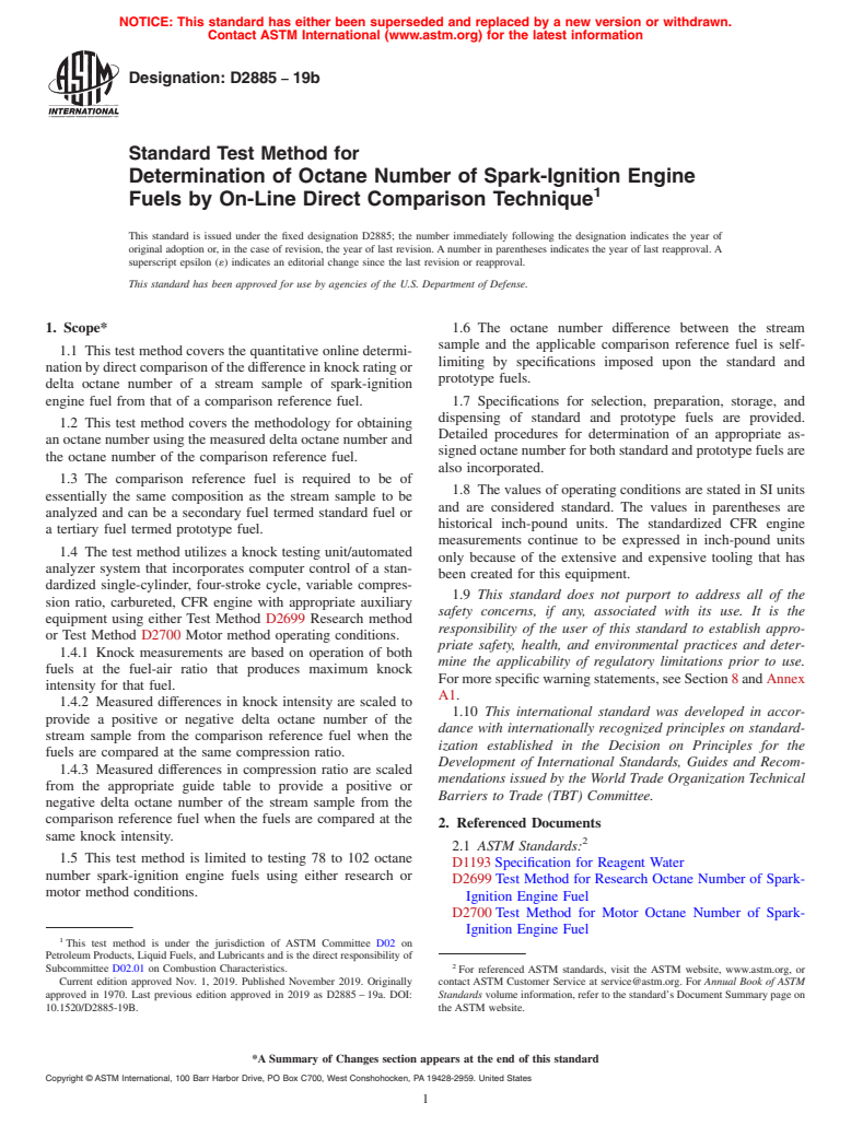 ASTM D2885-19b - Standard Test Method for  Determination of Octane Number of Spark-Ignition Engine Fuels  by On-Line Direct Comparison Technique