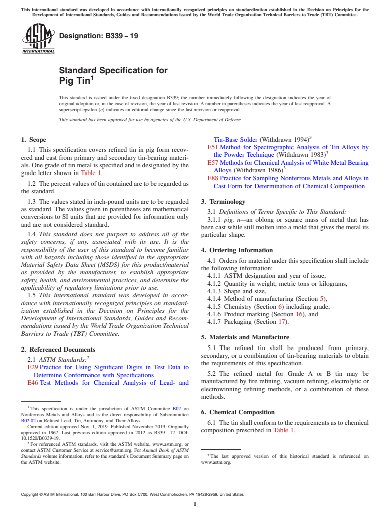 ASTM B339-19 - Standard Specification for Pig Tin