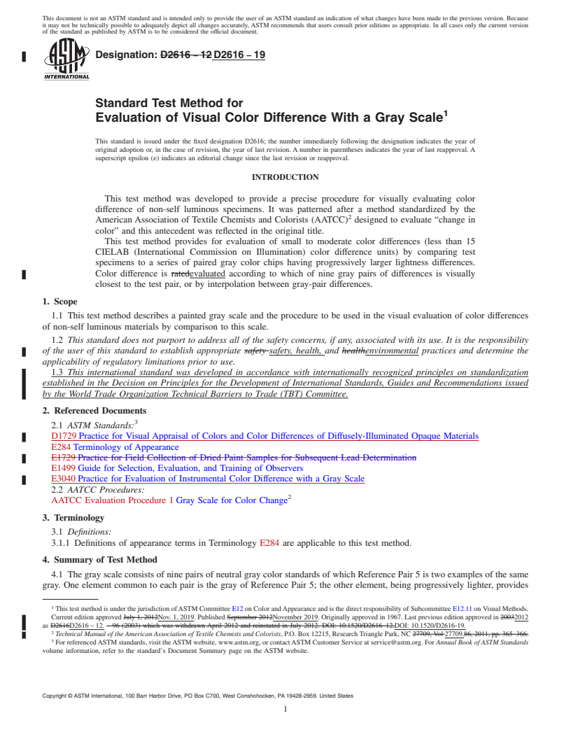 REDLINE ASTM D2616-19 - Standard Test Method for  Evaluation of Visual Color Difference With a Gray Scale