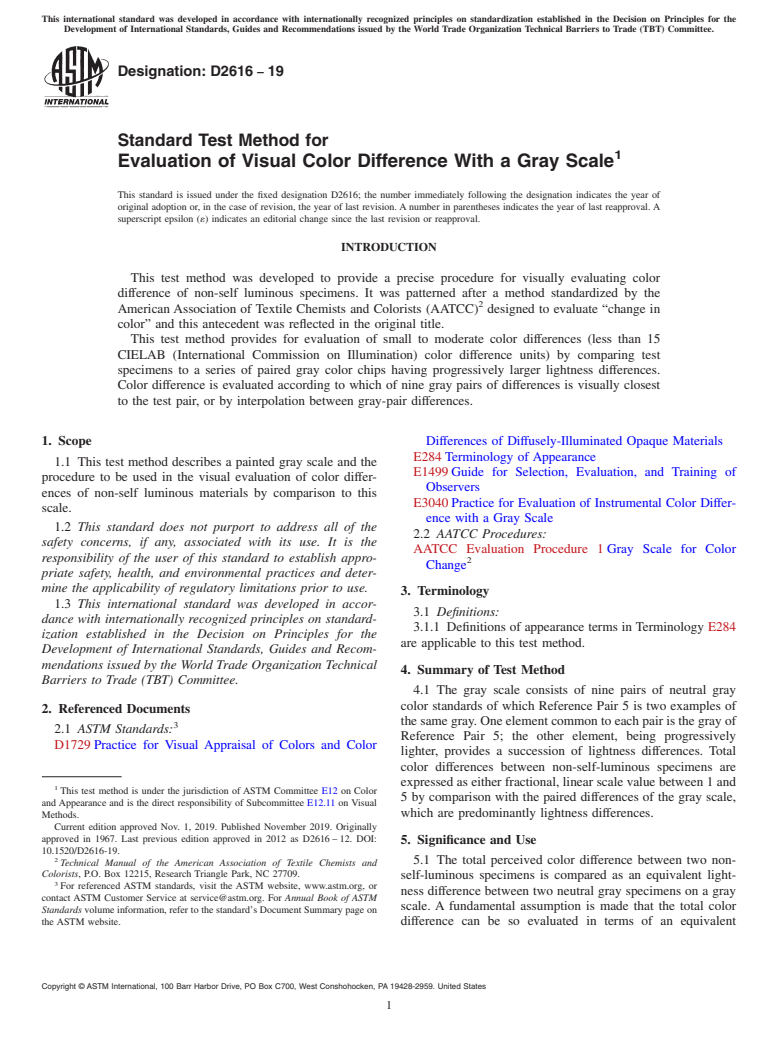 ASTM D2616-19 - Standard Test Method for  Evaluation of Visual Color Difference With a Gray Scale