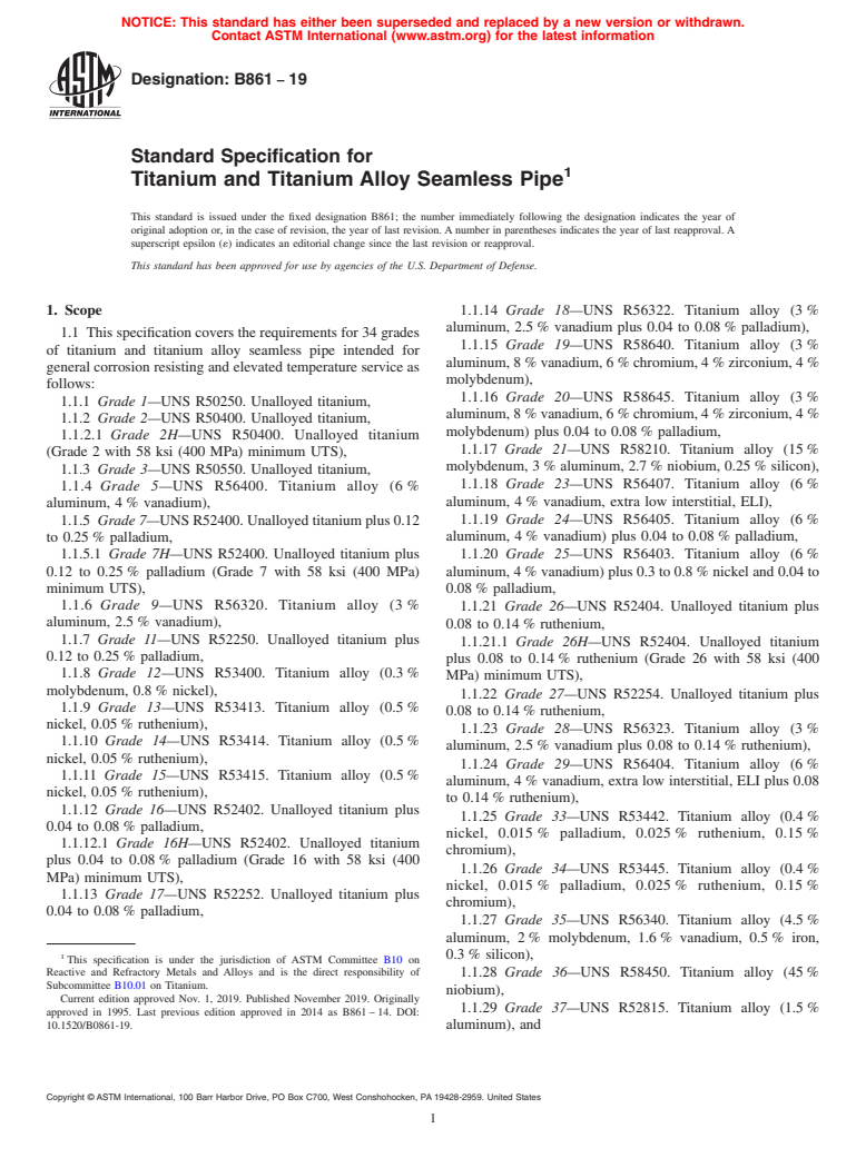 ASTM B861-19 - Standard Specification for Titanium and Titanium Alloy Seamless Pipe