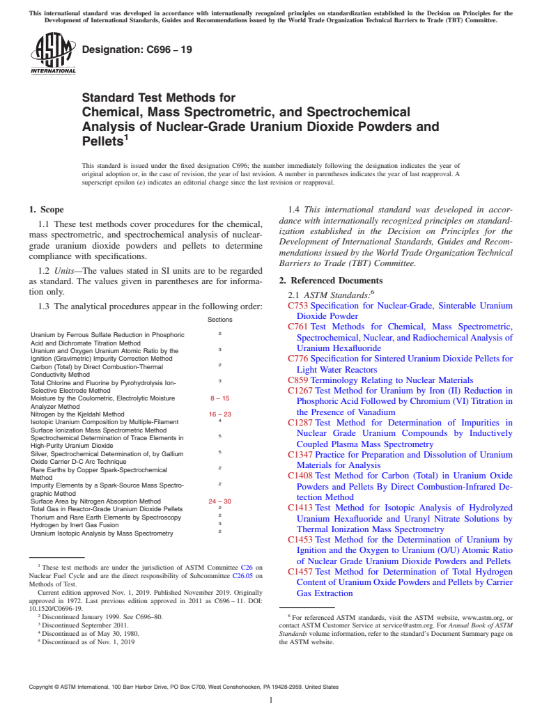 ASTM C696-19 - Standard Test Methods for  Chemical, Mass Spectrometric, and Spectrochemical Analysis of Nuclear-Grade Uranium Dioxide Powders and Pellets