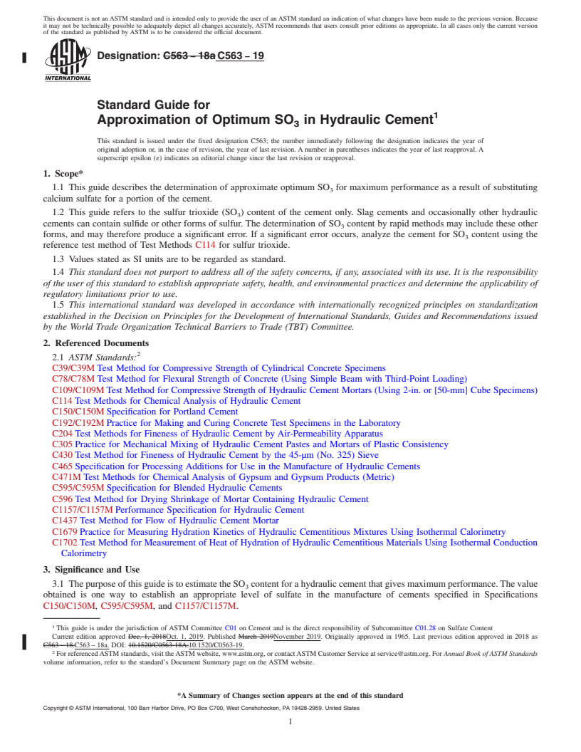 REDLINE ASTM C563-19 - Standard Guide for  Approximation of Optimum SO<inf>3</inf> in Hydraulic Cement