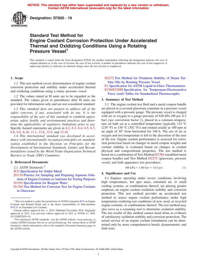 ASTM D7820-19 - Standard Test Method for Engine Coolant Corrosion Protection Under Accelerated Thermal  and Oxidizing Conditions Using a Rotating Pressure Vessel