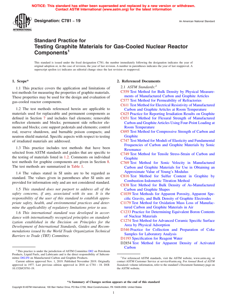 ASTM C781-19 - Standard Practice for Testing Graphite Materials for Gas-Cooled Nuclear Reactor Components