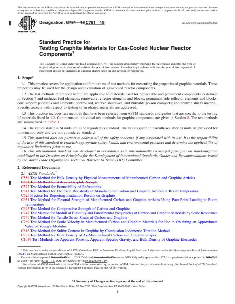 REDLINE ASTM C781-19 - Standard Practice for Testing Graphite Materials for Gas-Cooled Nuclear Reactor Components