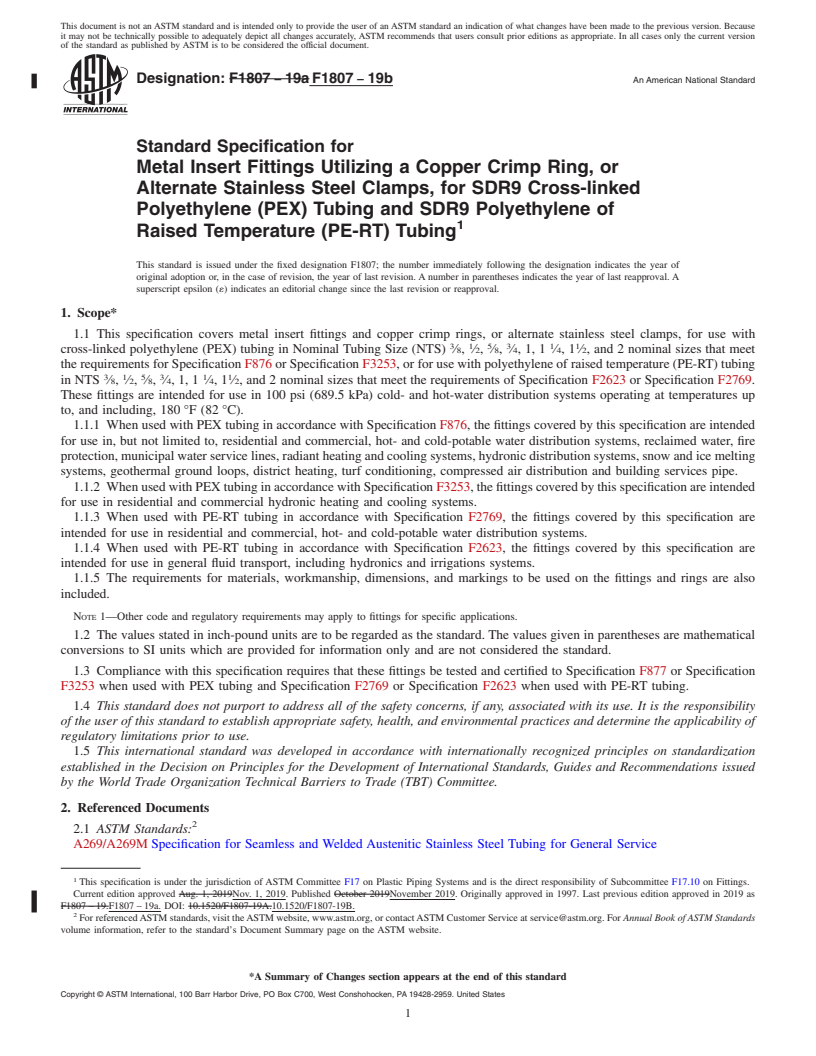 REDLINE ASTM F1807-19b - Standard Specification for  Metal Insert Fittings Utilizing a Copper Crimp Ring, or Alternate  Stainless Steel Clamps, for SDR9  Cross-linked Polyethylene (PEX)  Tubing and SDR9 Polyethylene of Raised  Temperature (PE-RT) Tubing