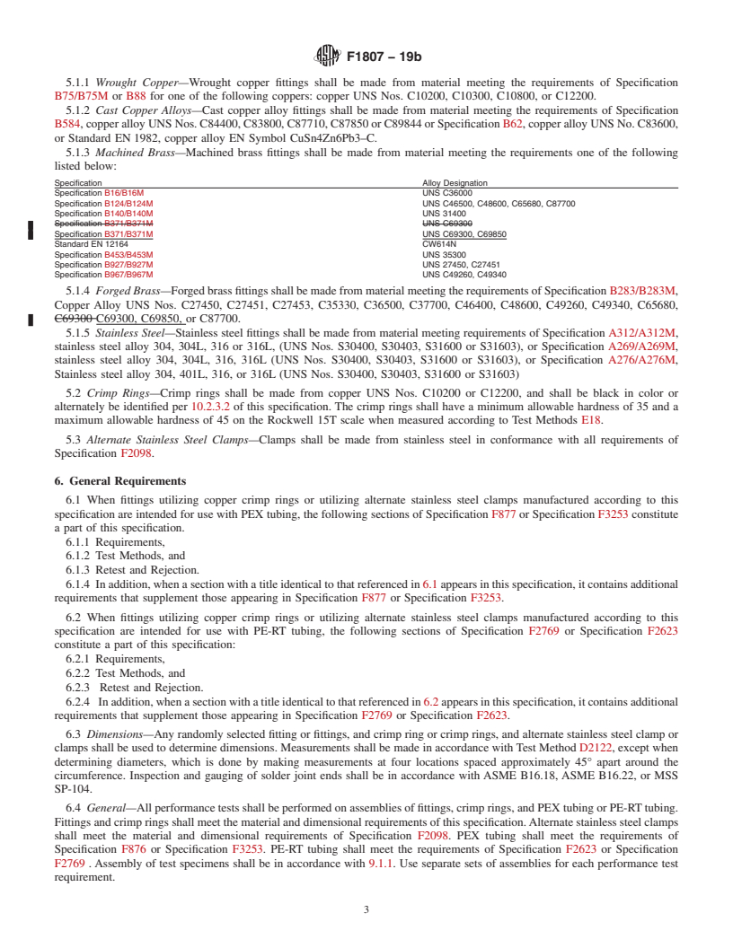 REDLINE ASTM F1807-19b - Standard Specification for  Metal Insert Fittings Utilizing a Copper Crimp Ring, or Alternate  Stainless Steel Clamps, for SDR9  Cross-linked Polyethylene (PEX)  Tubing and SDR9 Polyethylene of Raised  Temperature (PE-RT) Tubing