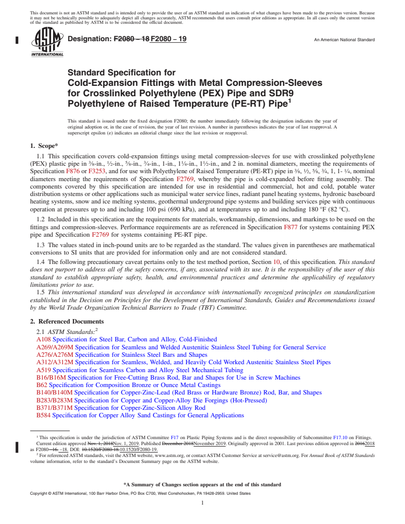 REDLINE ASTM F2080-19 - Standard Specification for  Cold-Expansion Fittings with Metal Compression-Sleeves for   Crosslinked Polyethylene (PEX) Pipe and SDR9 Polyethylene of Raised  Temperature (PE-RT) Pipe