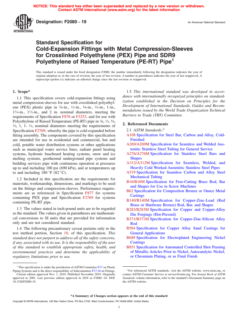 ASTM F2080-19 - Standard Specification for  Cold-Expansion Fittings with Metal Compression-Sleeves for   Crosslinked Polyethylene (PEX) Pipe and SDR9 Polyethylene of Raised  Temperature (PE-RT) Pipe