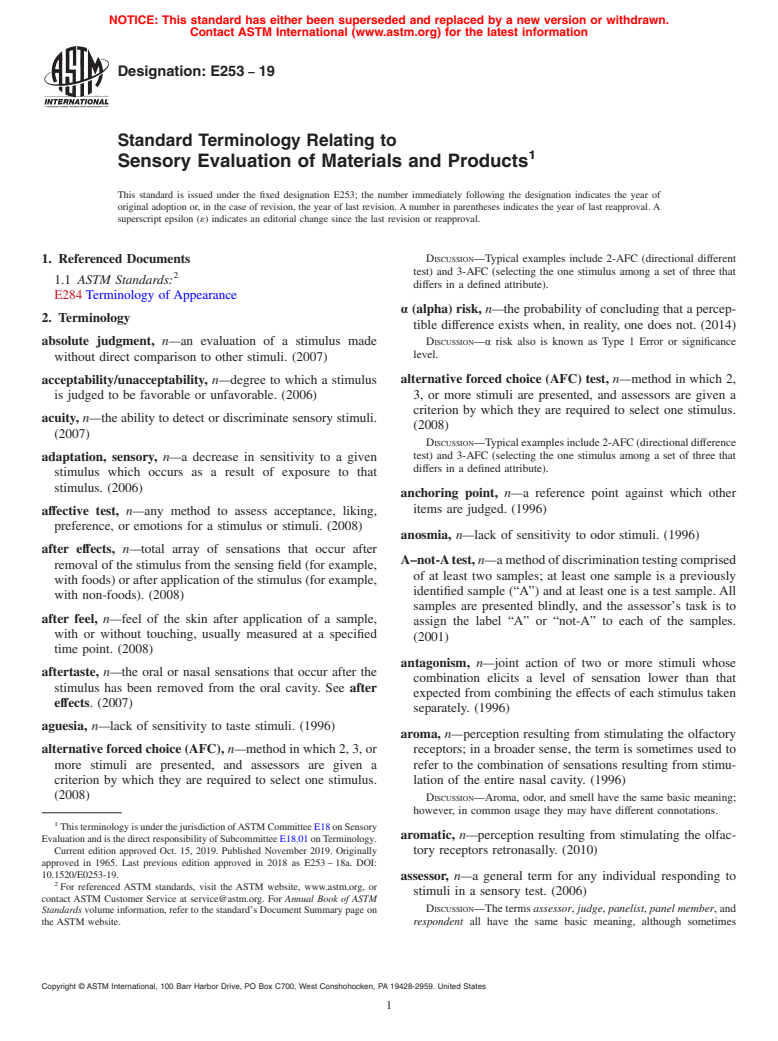 ASTM E253-19 - Standard Terminology Relating to  Sensory Evaluation of Materials and Products