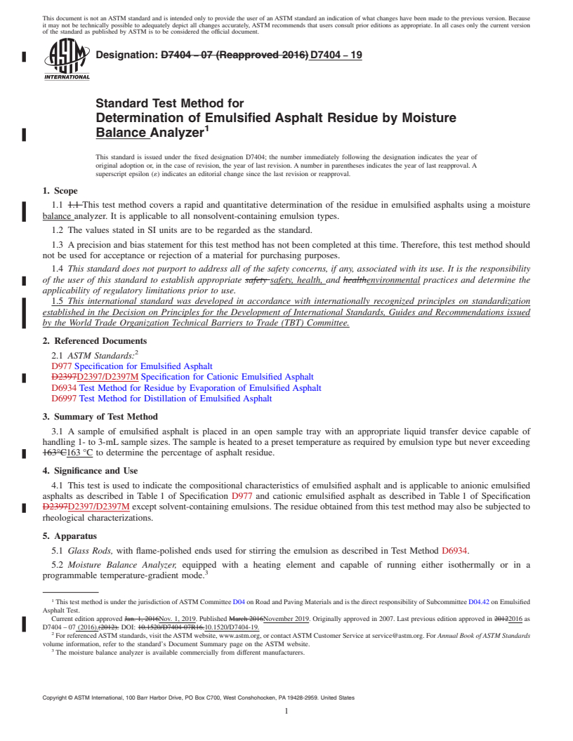 REDLINE ASTM D7404-19 - Standard Test Method for  Determination of Emulsified Asphalt Residue by Moisture Balance  Analyzer