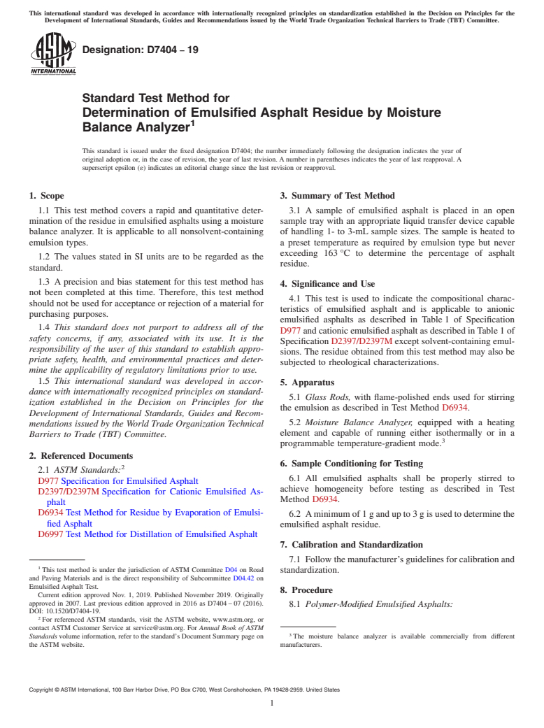 ASTM D7404-19 - Standard Test Method for  Determination of Emulsified Asphalt Residue by Moisture Balance  Analyzer