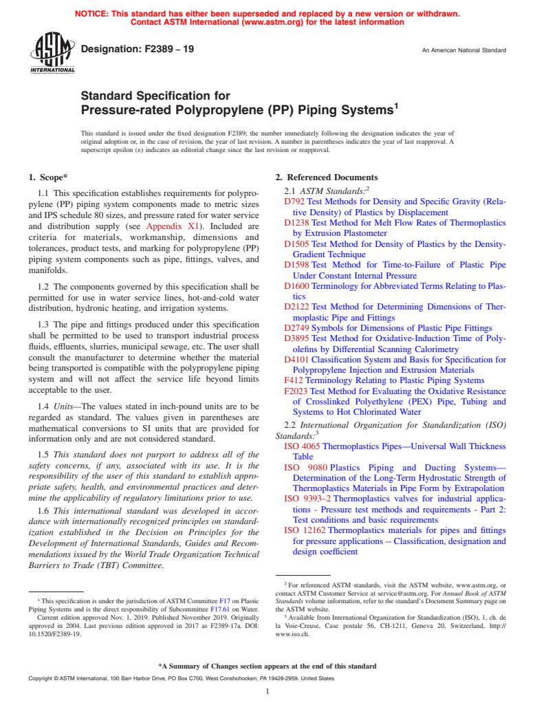 ASTM F2389-19 - Standard Specification for  Pressure-rated Polypropylene (PP) Piping Systems