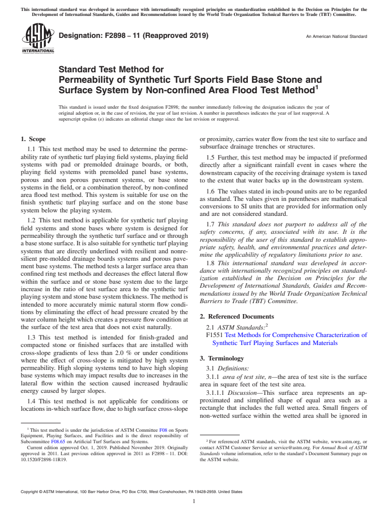 ASTM F2898-11(2019) - Standard Test Method for  Permeability of Synthetic Turf Sports Field Base Stone and  Surface System by Non-confined Area Flood Test Method