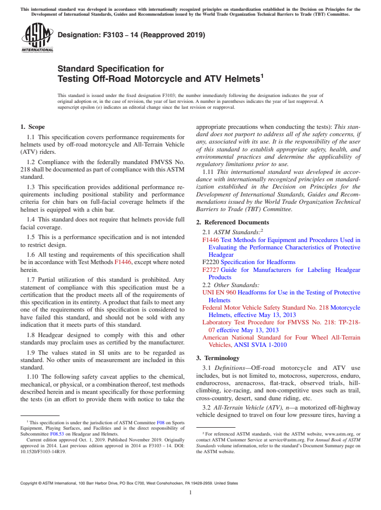 ASTM F3103-14(2019) - Standard Specification for Testing Off-Road Motorcycle and ATV Helmets