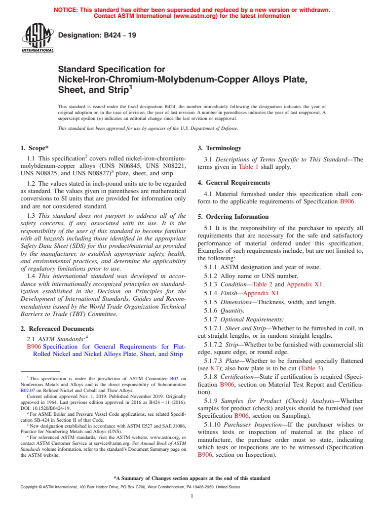 ASTM B424-19 - Standard Specification for Nickel-Iron-Chromium-Molybdenum-Copper Alloys Plate, Sheet,  and Strip