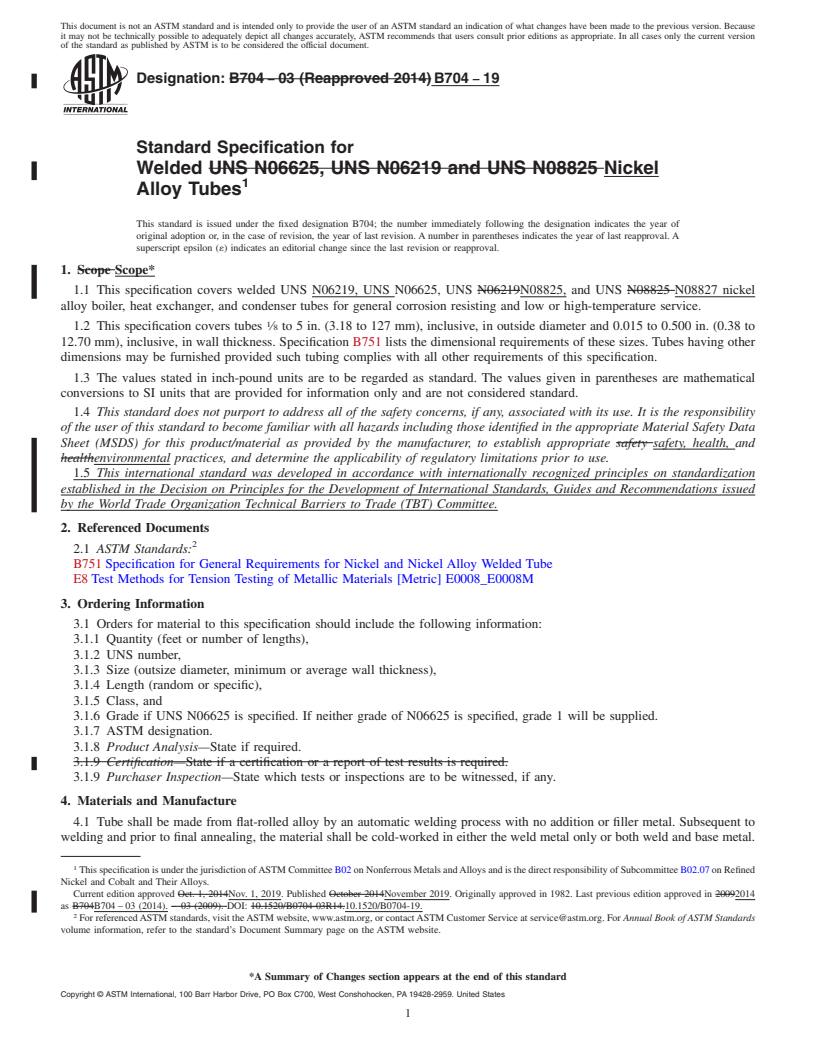 REDLINE ASTM B704-19 - Standard Specification for Welded Nickel Alloy Tubes