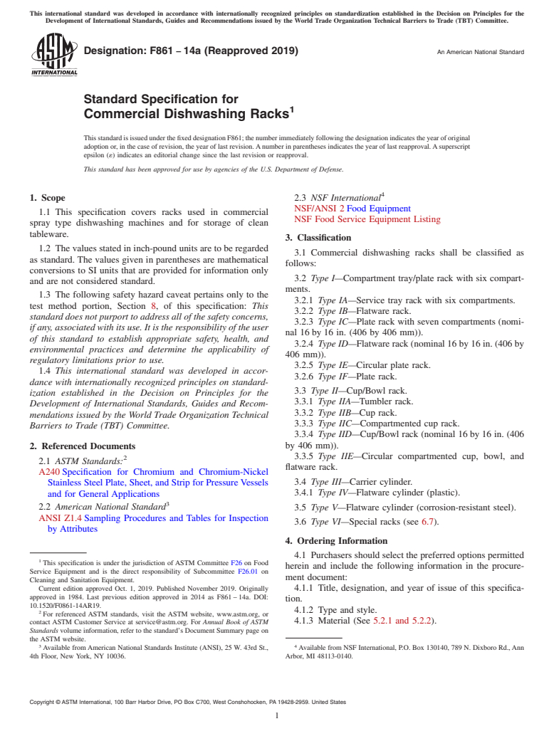 ASTM F861-14a(2019) - Standard Specification for Commercial Dishwashing Racks