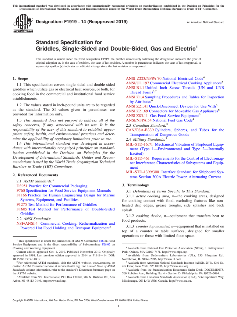 ASTM F1919-14(2019) - Standard Specification for Griddles, Single-Sided and Double-Sided, Gas and Electric