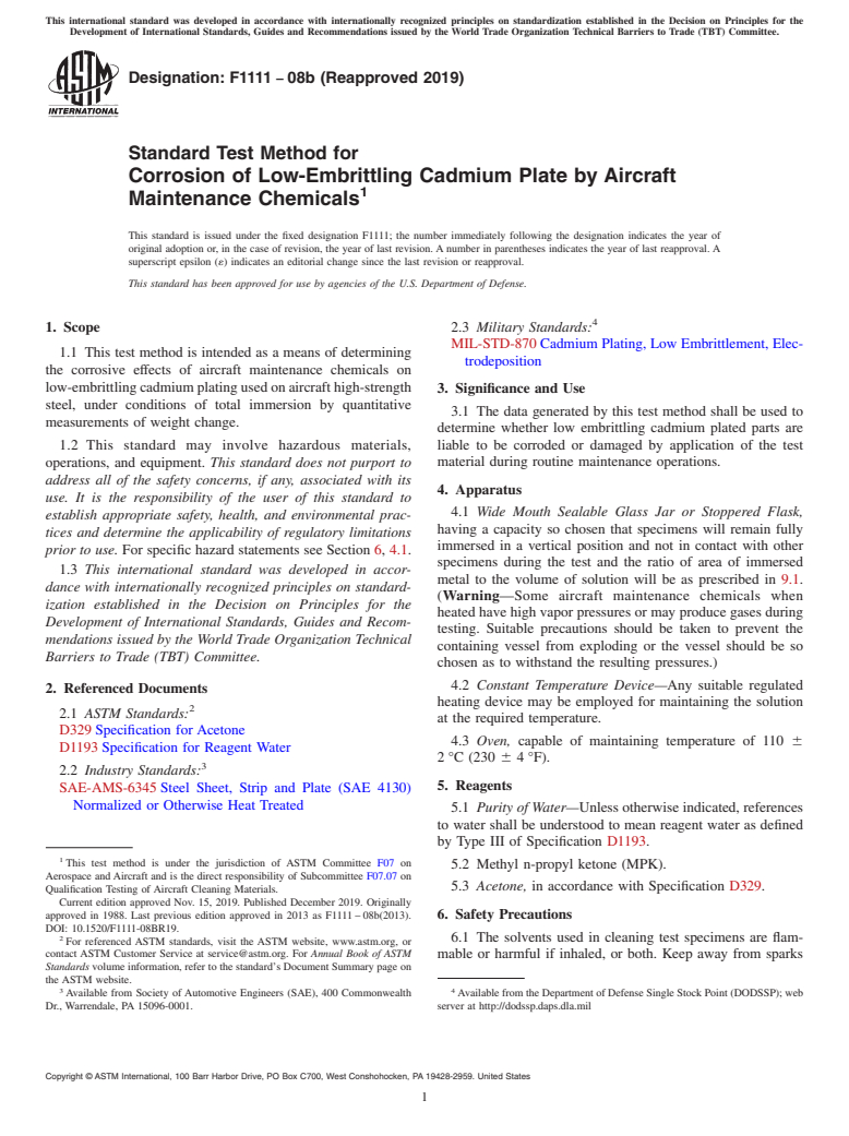 ASTM F1111-08b(2019) - Standard Test Method for  Corrosion of Low-Embrittling Cadmium Plate by Aircraft Maintenance  Chemicals