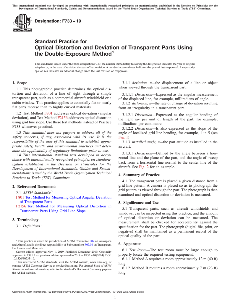 ASTM F733-19 - Standard Practice for  Optical Distortion and Deviation of Transparent Parts Using  the Double-Exposure Method