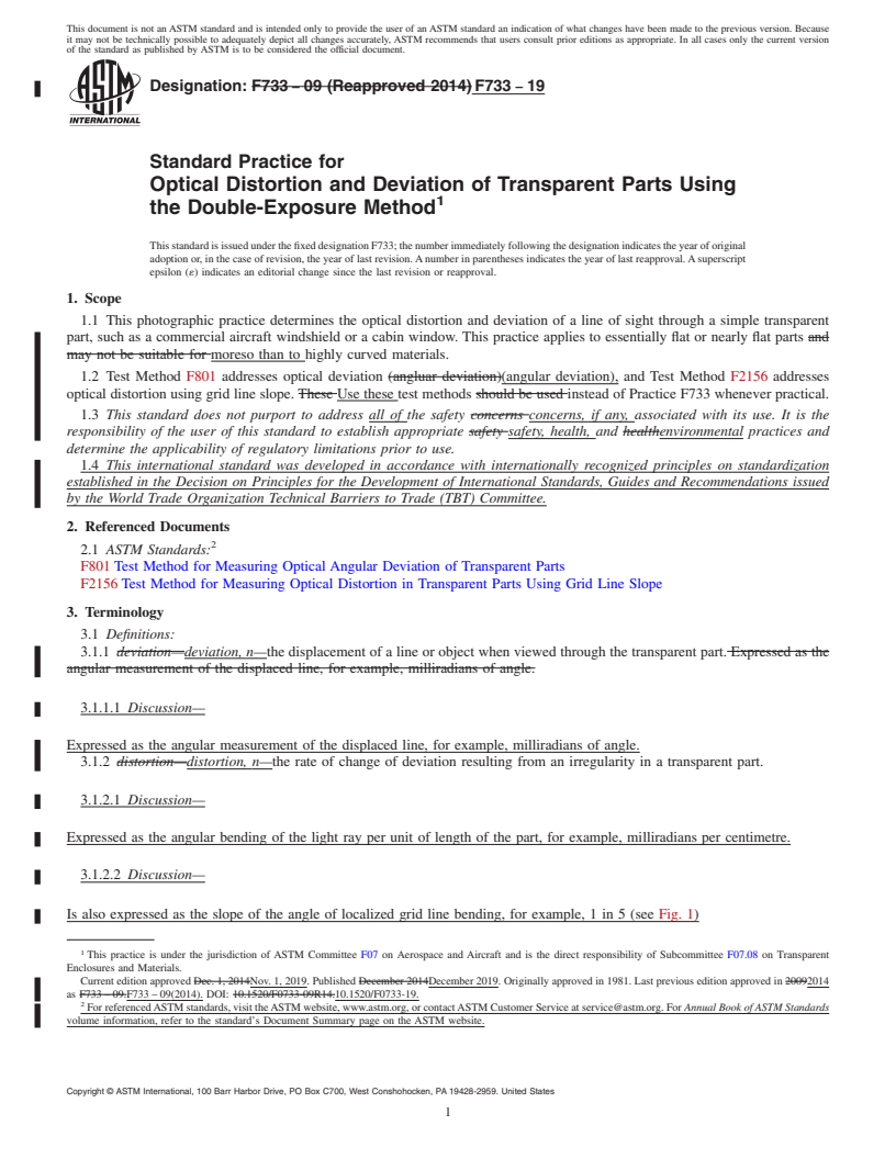 REDLINE ASTM F733-19 - Standard Practice for  Optical Distortion and Deviation of Transparent Parts Using  the Double-Exposure Method