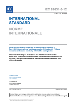 IEC 62631-3-12:2024 - Dielectric and resistive properties of solid insulating materials - Part 3-12: Determination of resistive properties (DC methods) - Volume resistance and volume resistivity - Method for casting resins
Released:7/5/2024
Isbn:9782832292990 - Page 3 preview